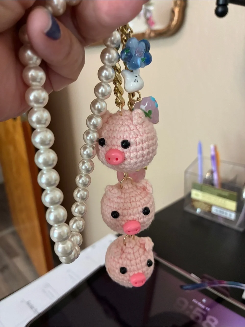 Crochet piglets keychain charm with bracelet